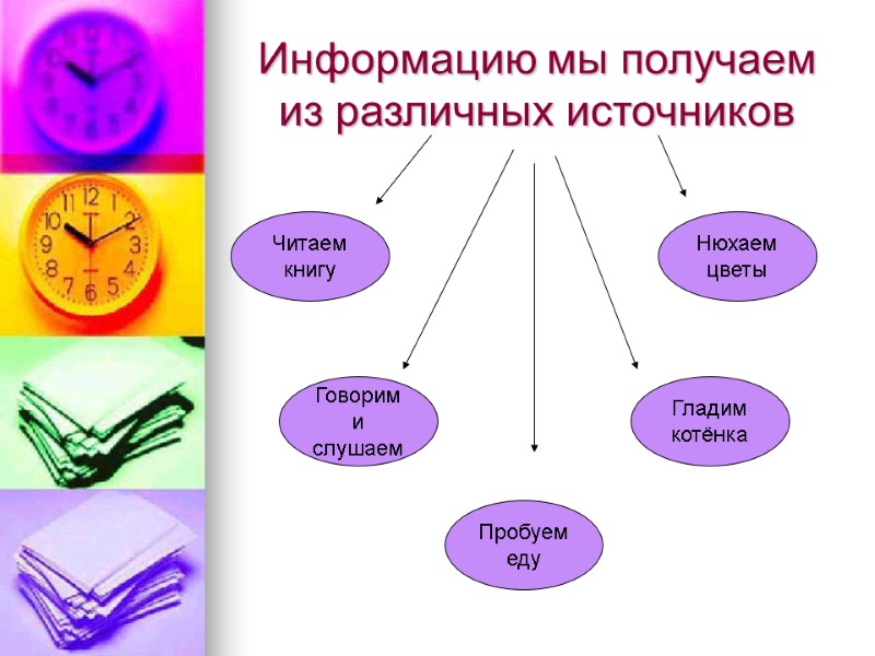 Информацию мы получаем из различных источников Читаем книгу Говорим и слушаем Пробуем еду Нюхаем